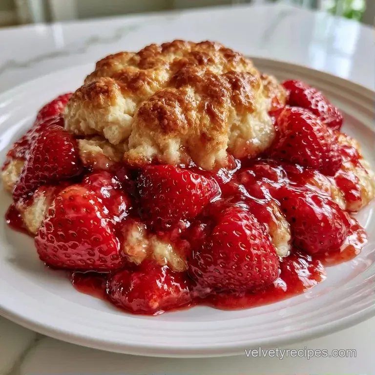 A scoop of warm red fruit crumble topped with a melting dollop of vanilla ice cream on a white ceramic plate.