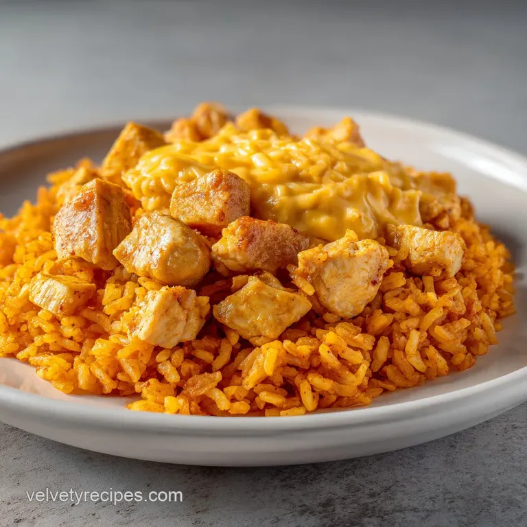 A shallow white bowl of colorful rice and seared chicken, topped with fresh green cilantro and a bright lime wedge.