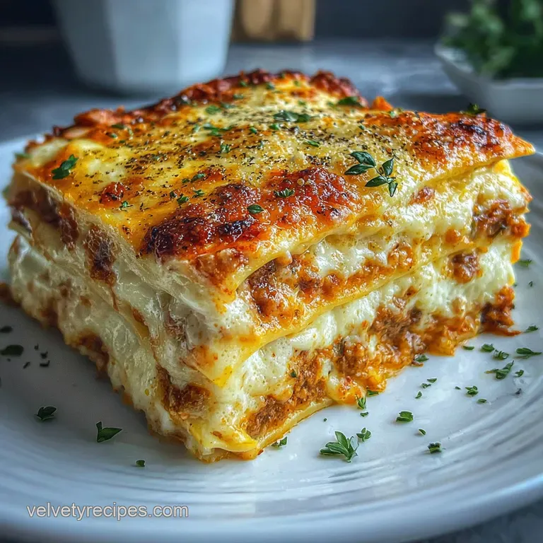 A perfectly squared slice of lasagna, layers distinct, rests on a white plate. Parsley sprig adds a pop of fresh green.