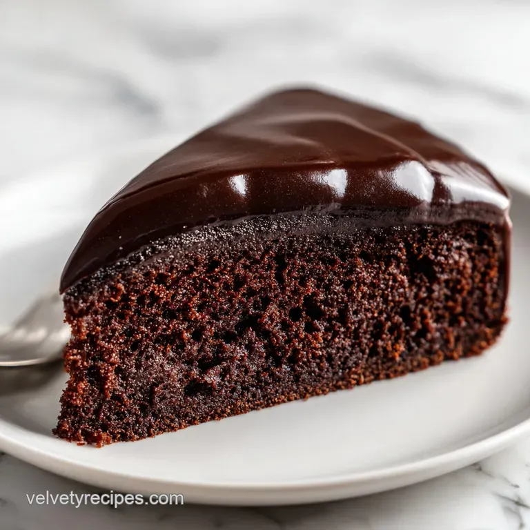 A slice of deep brown cake on a white ceramic plate, drizzled with melted chocolate and topped with a mint leaf.
