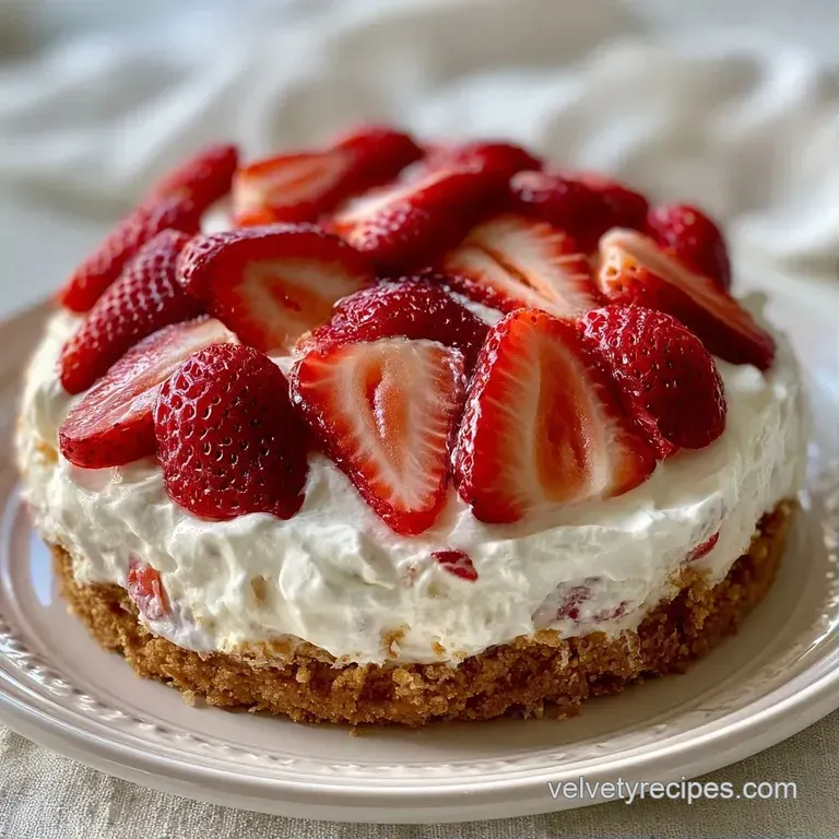 Elegantly plated cake slice with smooth white cream layers and vibrant red strawberry slices on a ceramic dish.