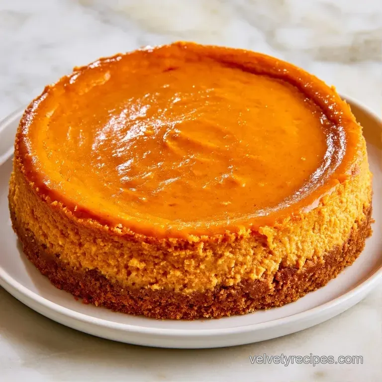 A smooth orange dessert slice on a white plate, garnished with a sprig of mint and a dusting of cinnamon powder.
