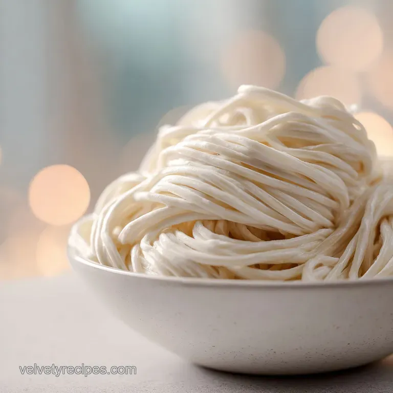 Elegant portion of glistening noodles Romanoff, dotted with herbs. A swirl of creamy sauce coats each strand.