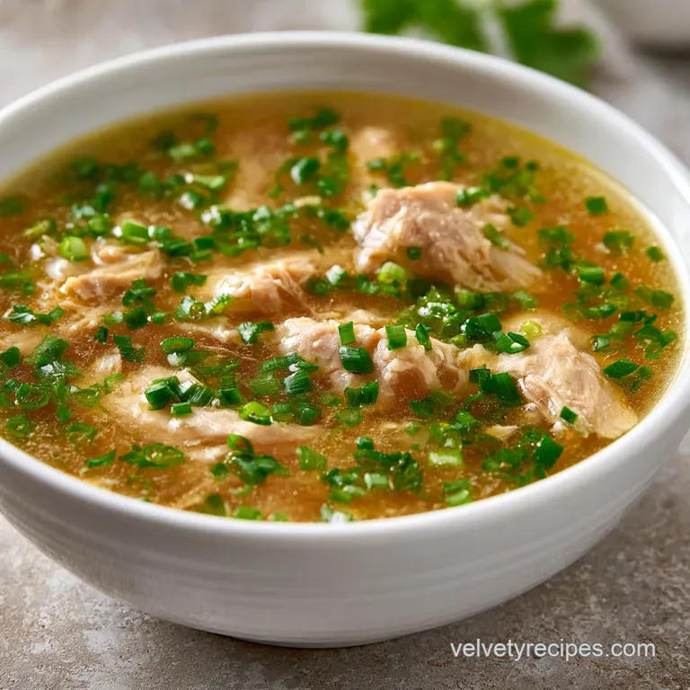 Hearty vegetable and chicken soup in a white bowl, garnished with chopped herbs on a rustic wooden table setting.