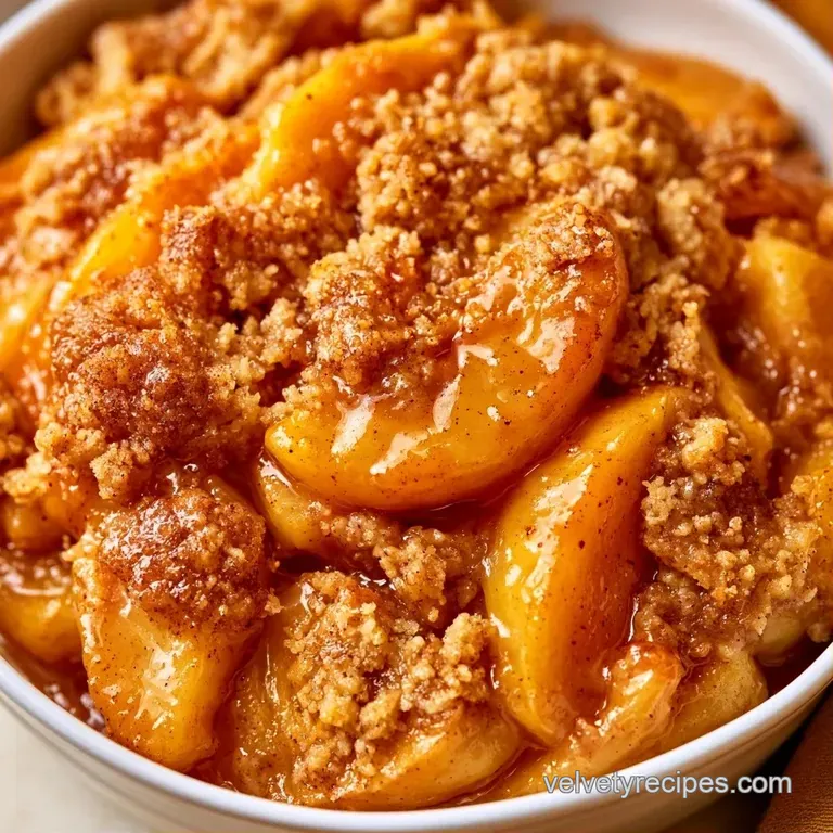 A scoop of warm cinnamon-apple crumble topped with a melting dollop of vanilla ice cream on a white ceramic plate.