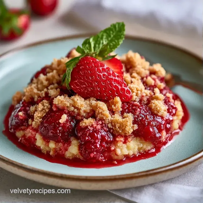 A scoop of melting vanilla bean ice cream atop a warm berry crumble, served on a white plate with a mint leaf.