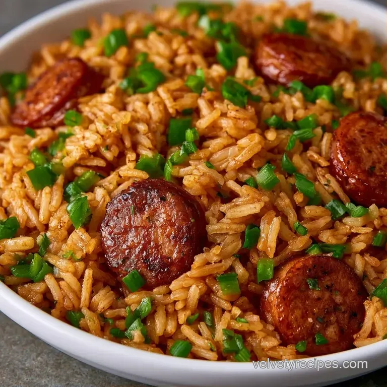 A white ceramic bowl filled with savory brown rice and seared sausage, topped with a sprinkle of bright green parsley