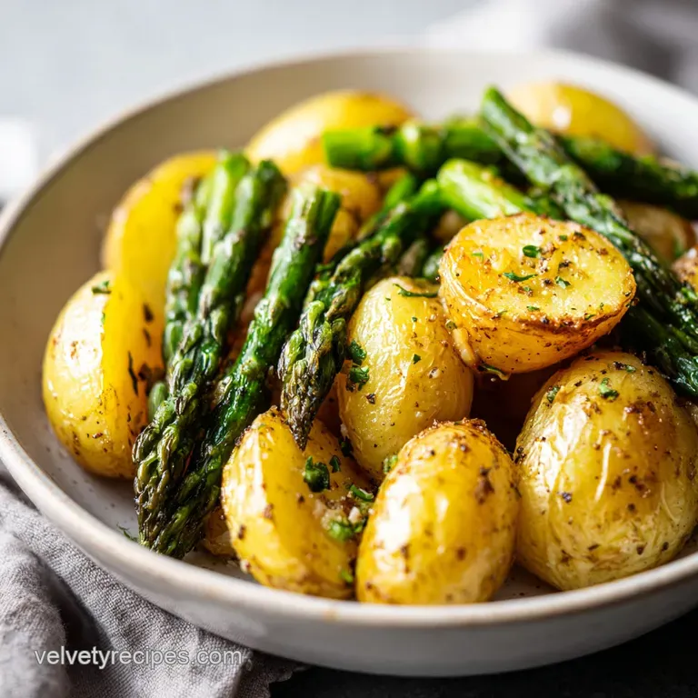 Steaming potatoes and asparagus tossed in garlic on a white plate, highlighting the dish's vibrant colors and appealing te...