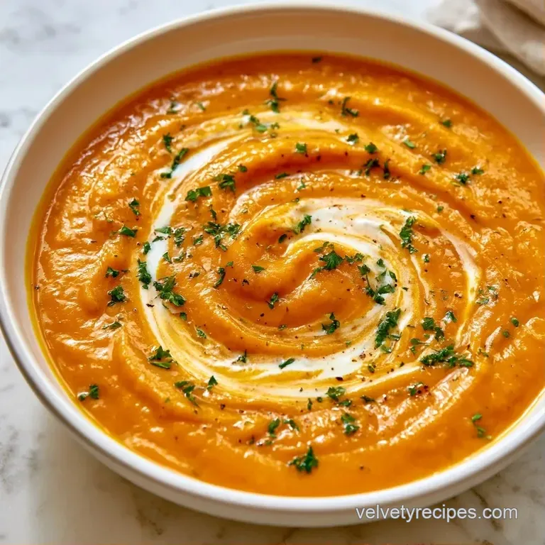 Smooth orange soup in a ceramic bowl paired with a toasted sourdough slice on a rustic wooden table setting.