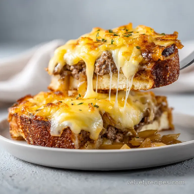 A square slice of cheesy beef bake on a white plate, topped with melted provolone and colorful saut&eacute;ed vegetables.