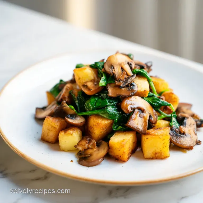Neatly stacked golden potato cubes and saut&eacute;ed mushrooms paired with wilted spinach on a minimalist white ceramic plate.