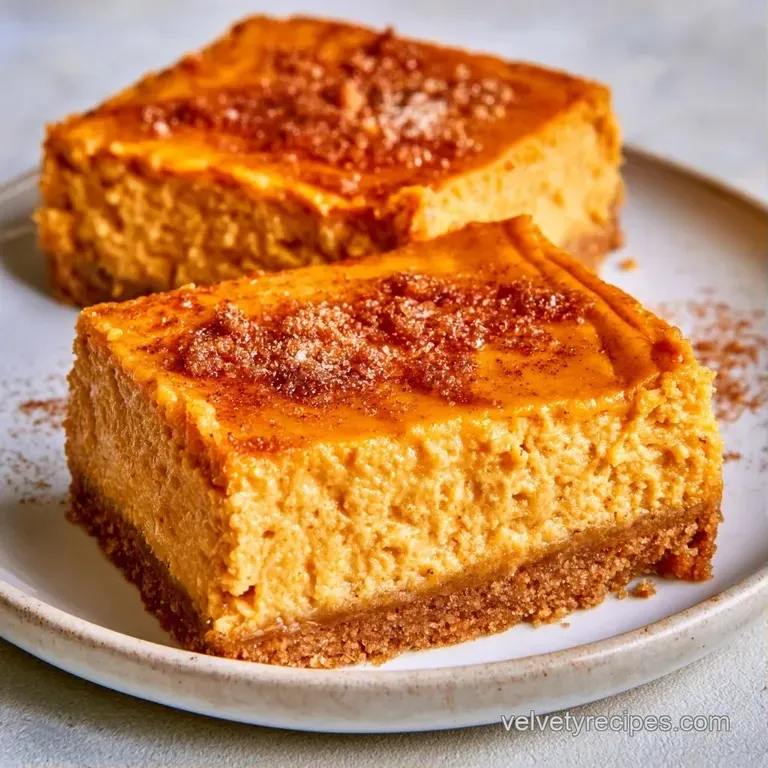 A neat square of orange cream cake on a white plate, topped with whipped cream and a pinch of cinnamon powder.