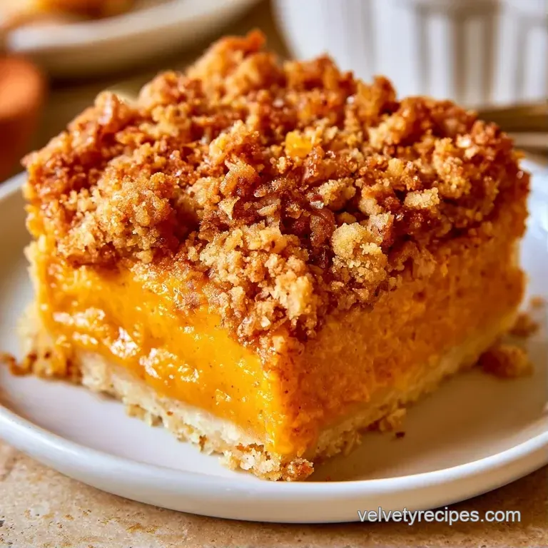 A neat slice of bright orange pumpkin dessert topped with toasted oats, served on white porcelain with cream.