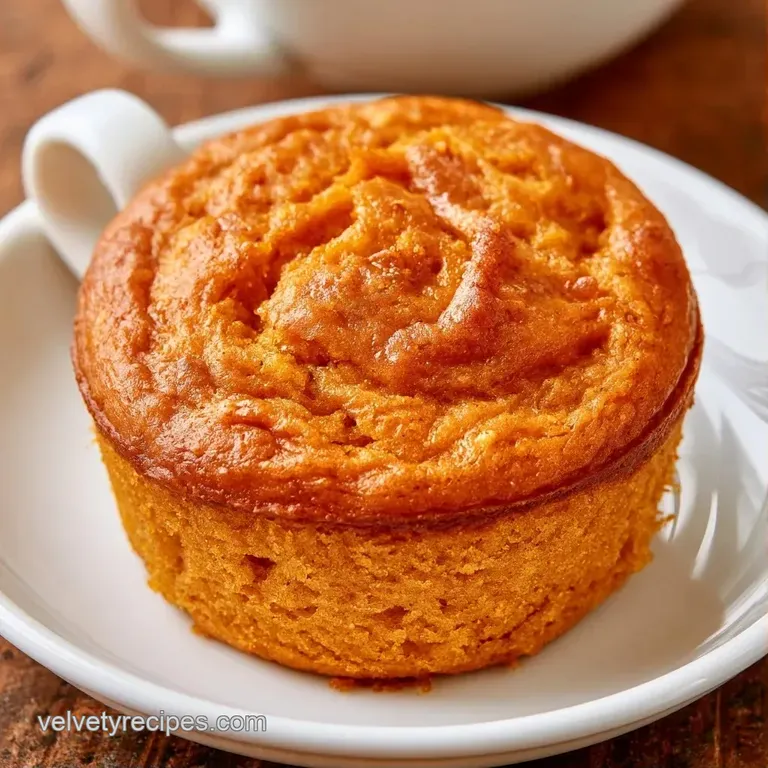 A fluffy orange sponge cake in a white ceramic mug, accented by a cinnamon stick on a cozy wooden surface.