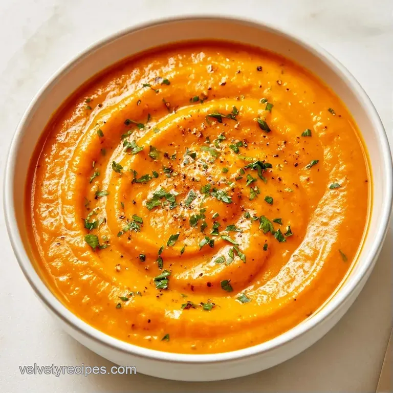 Vibrant orange puree in a white porcelain bowl topped with a drizzle of oil and a sprig of fresh green parsley.