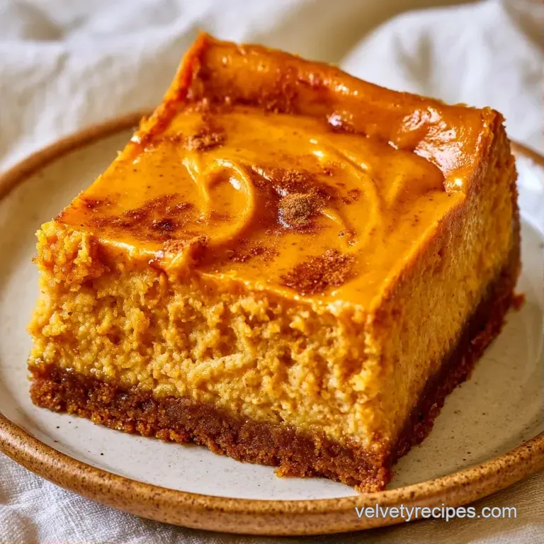 A neat square of creamy orange dessert topped with a whipped cream dollop and cinnamon on a white ceramic plate.