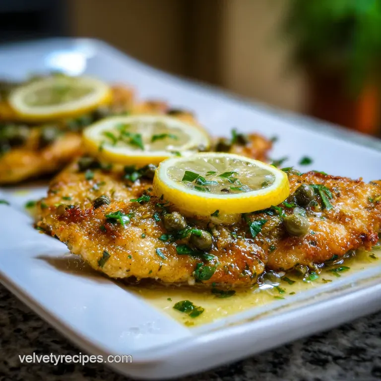 A perfectly plated piccata: Two golden chicken breasts swimming in lemon sauce, garnished with parsley and lemon slices. R...