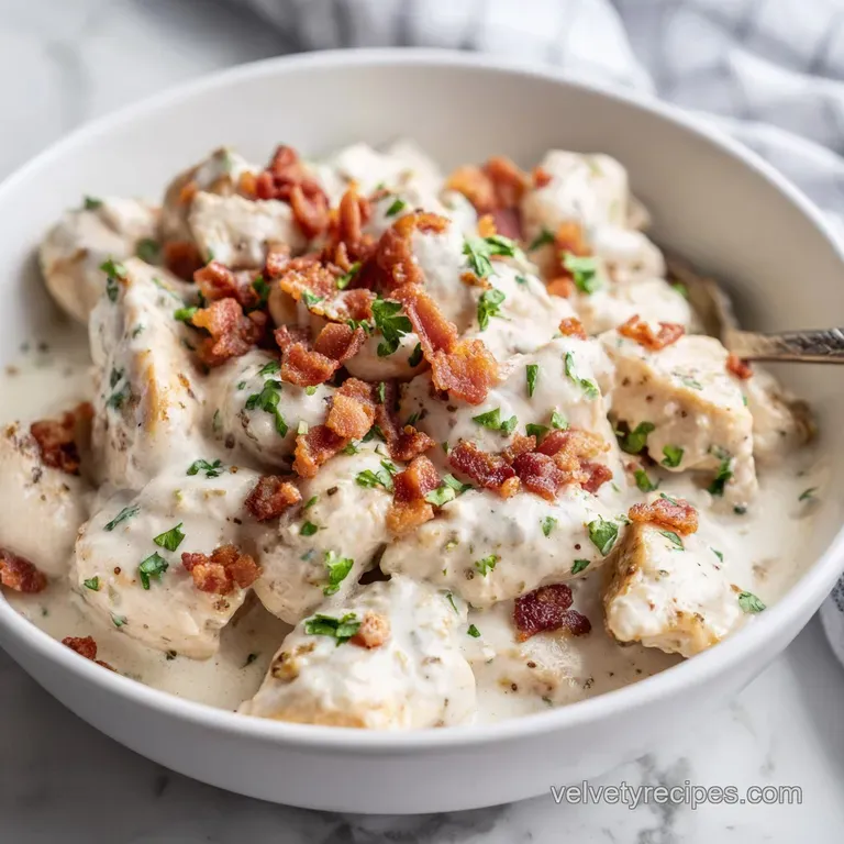 Slices of juicy chicken in a velvety cream sauce, topped with crisp bacon and a sprig of parsley on a white plate.