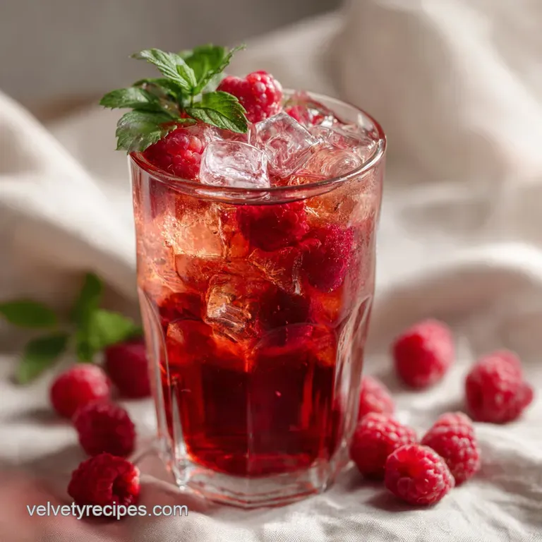 Elegant glass of raspberry iced tea with syrup drizzled, adorned with raspberries and mint. Condensation hints at its icy ...