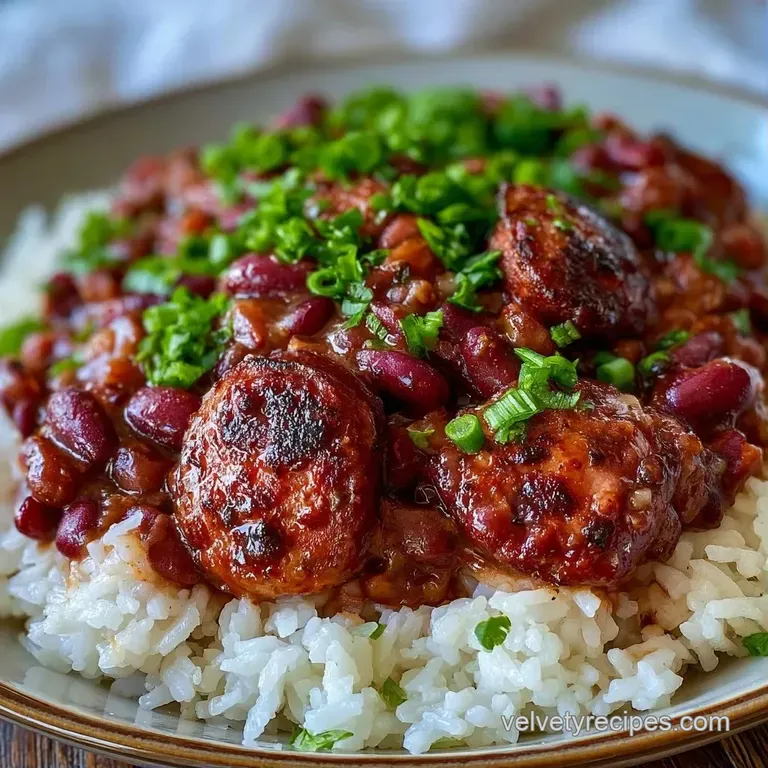 A shallow white bowl filled with reddish-brown stew and sliced sausage, topped with a sprinkle of bright green herbs.