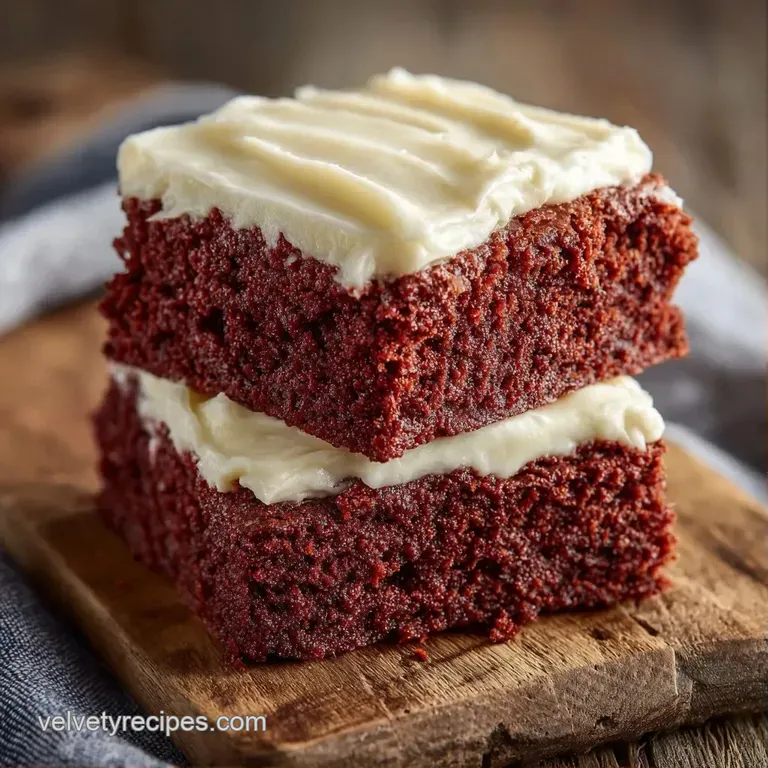 A stack of deep red cake squares topped with ivory frosting, served on a white marble plate with a silver fork.