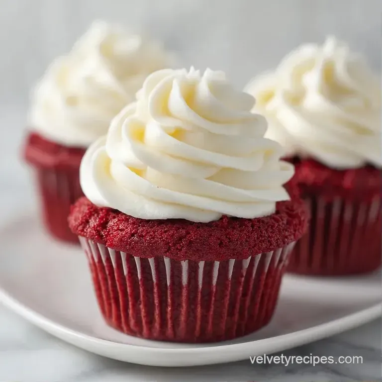 Crimson sponge cakes topped with piped white swirls, arranged on a marble slab with a dusting of red crumbs.