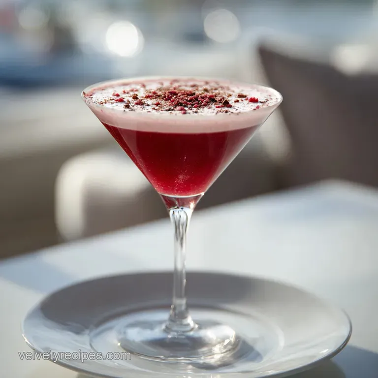 Elegant red velvet martini beside a scattering of chocolate shavings. Glass reflects a warm glow, suggesting a velvety tex...