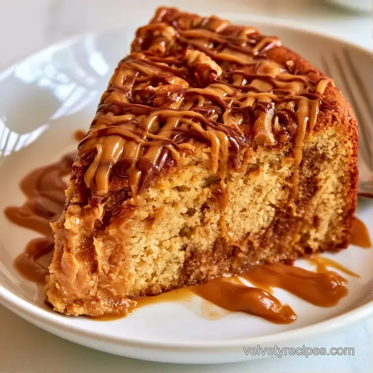 Elegant slice of peanut-colored cake with swirls of cocoa cream and a small candy cup on a minimalist white plate