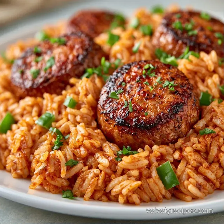 A neat mound of savory rice and sliced smoked sausage garnished with fresh parsley on a matte white ceramic plate.
