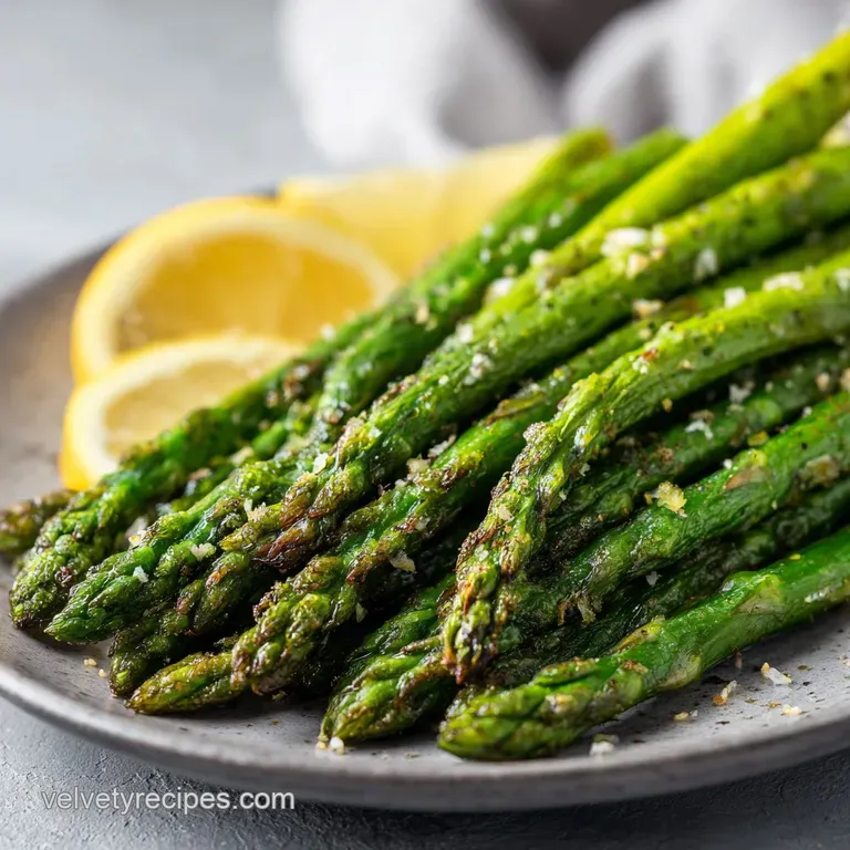 A neat pile of tender asparagus, subtly charred, artfully arranged on a white plate with a lemon wedge.