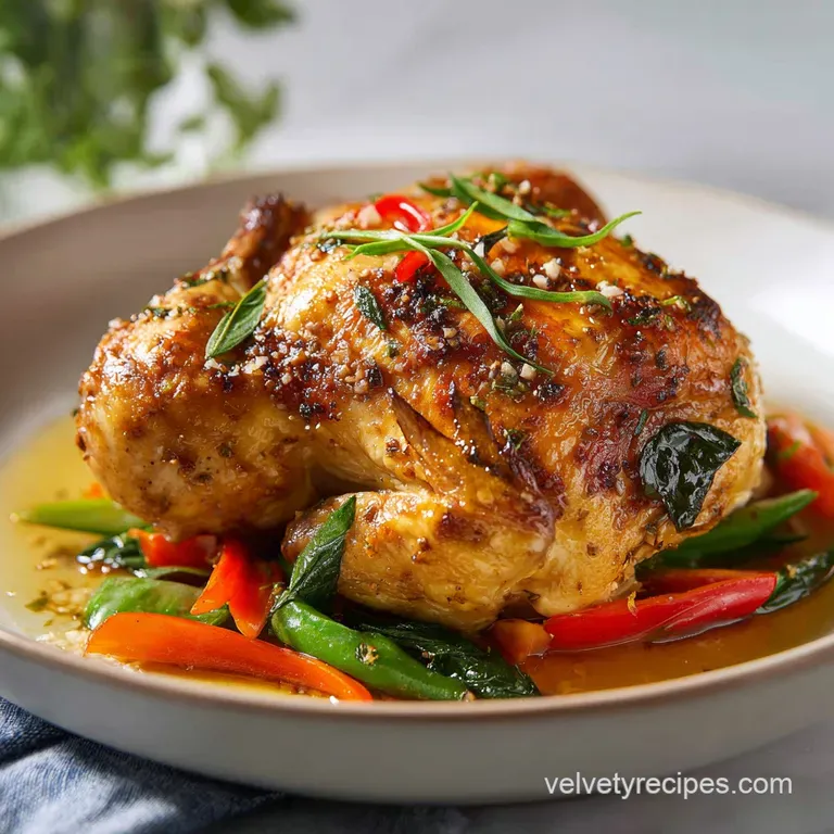 A beautifully roasted chicken half, skin crackling, artfully arranged with vibrant roasted root vegetables.