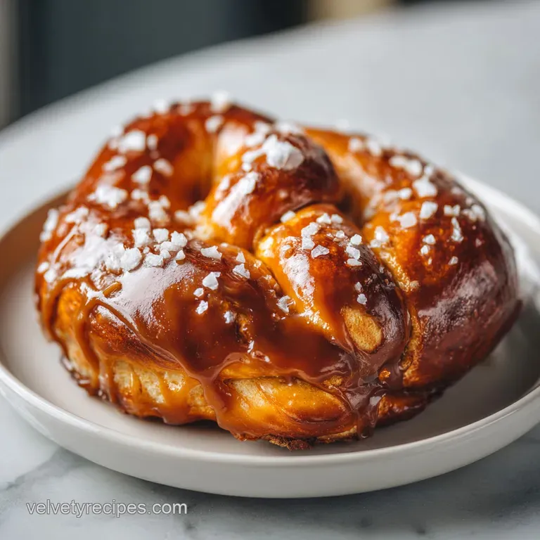 Squares of gooey dessert topped with coarse salt and crunchy pretzels, arranged neatly on a white marble surface.