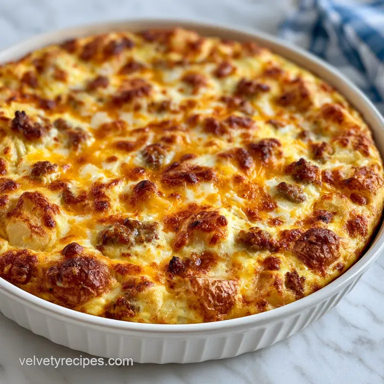 Neat square slice of savory breakfast bake on a white plate, garnished with sliced green onions and red pepper.