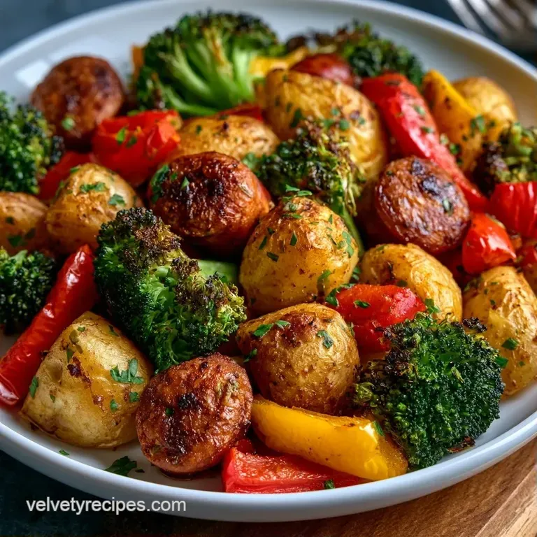 A vibrant heap of charred peppers, red onions, and browned sausage slices served in a clean white modern bowl.
