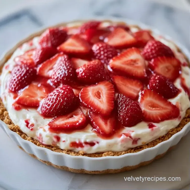 A slice of layered cream cake on a white plate, topped with a fresh strawberry and a sprig of green mint.