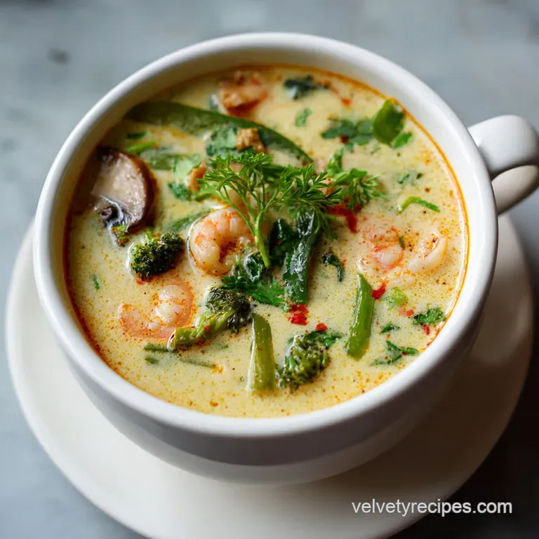 Fragrant Tom Kha soup served in a white bowl, garnished with cilantro and red pepper flakes. Steam rises gently.