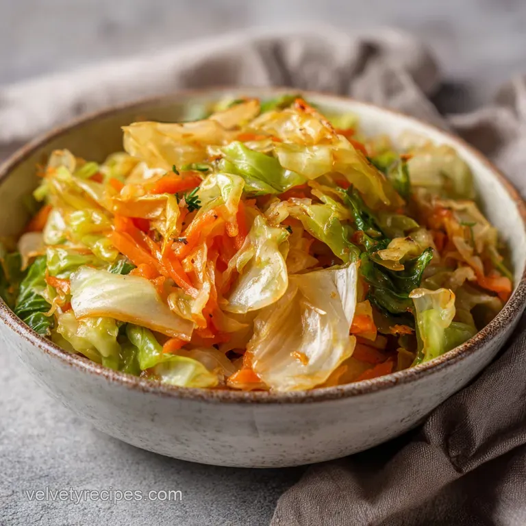 Crisp-tender cabbage and vegetables piled high on a plate, accented with a sprinkle of toasted sesame seeds.
