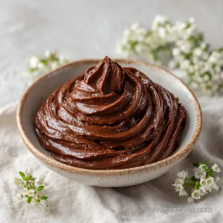 Deep brown chocolate cream served in a crystal glass topped with a fresh raspberry and a bright sprig of mint.