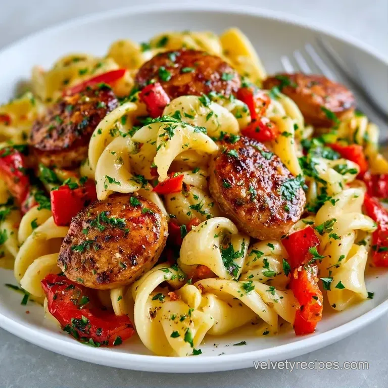 A shallow white bowl filled with creamy pasta, seared sausage discs, and a sprig of fresh parsley on top.