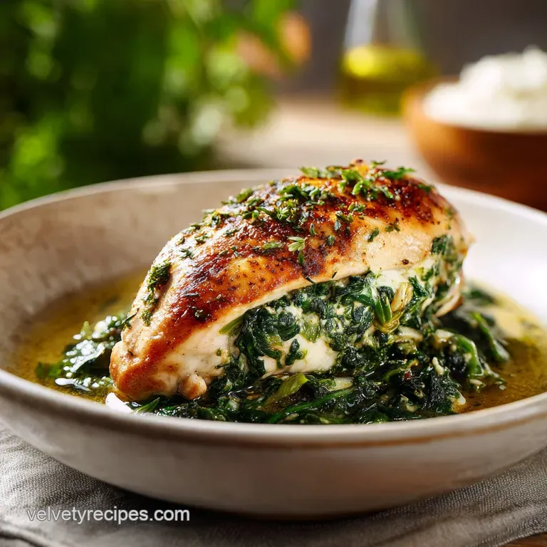 Juicy chicken breast slices revealing bright green spinach filling, artfully arranged.