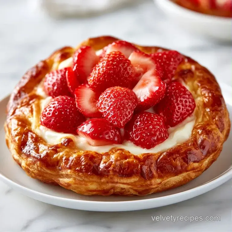 Flaky golden pastries arranged on a white platter with fresh berries and a light dusting of powdered sugar.