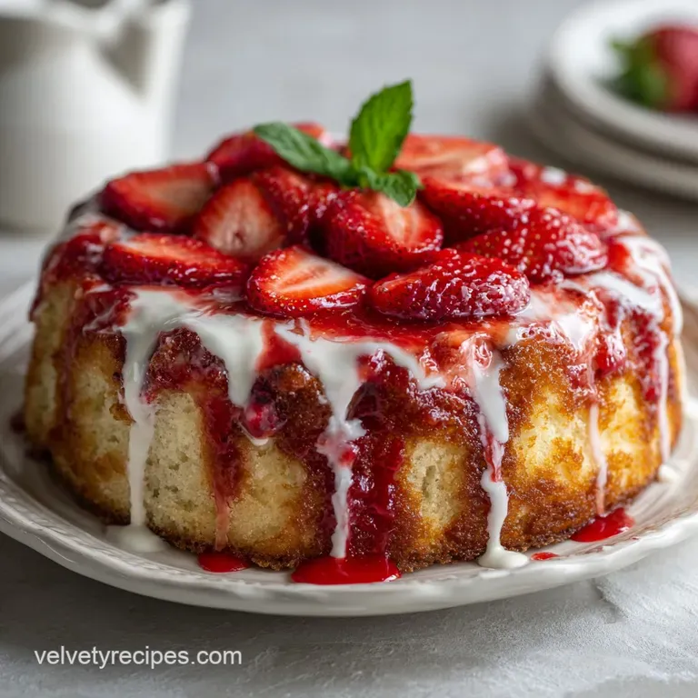Slice of earthquake cake on a plate; creamy white frosting contrasts with the cake's textured surface and red strawberry b...