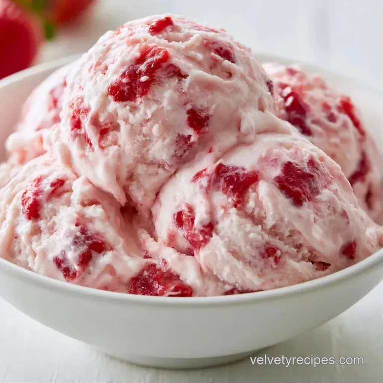 Two scoops of white cream with ruby-red strawberry swirls topped with a fresh berry slice on a ceramic plate.