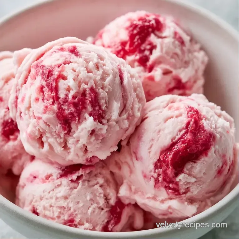 Three pale pink scoops topped with a fresh strawberry slice and a mint leaf on a frosted crystal dessert plate.