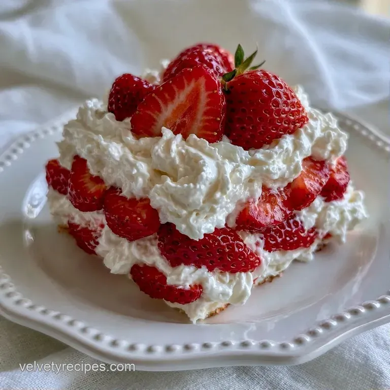 A neat slice of chilled cream and berry layers topped with a fresh strawberry and mint leaf on a white plate.