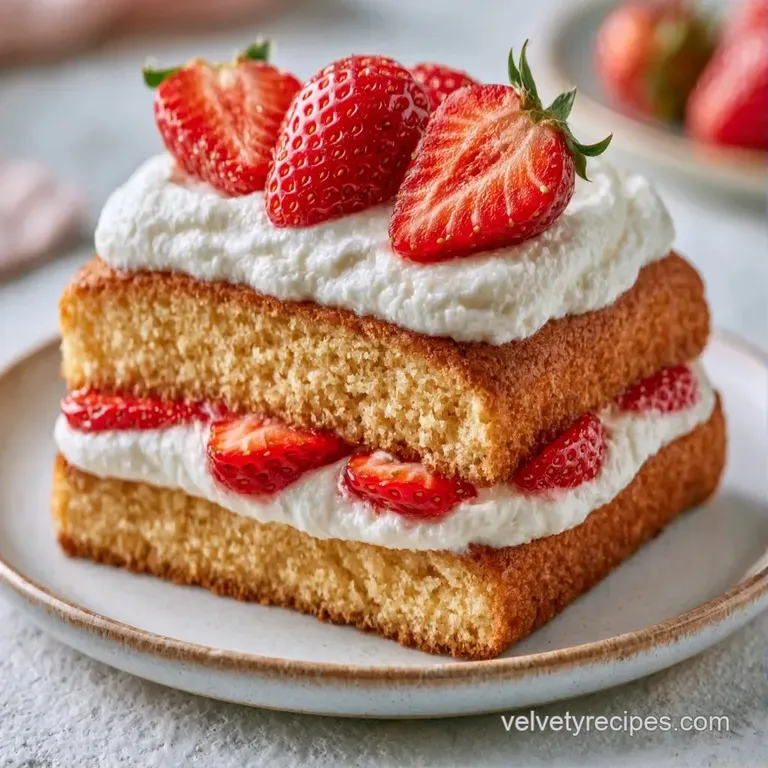 A slice of fluffy white cake with layers of cream and strawberries on a white plate with a fresh mint leaf.
