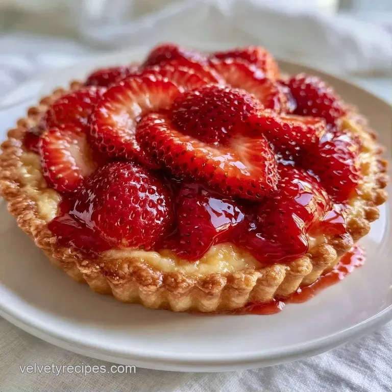 A neat slice of fruit pastry on a white ceramic plate, accented with a mint leaf and light powdered sugar.