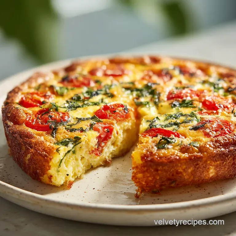 Slice of tomato basil quiche showing layers of creamy filling, bright tomatoes, and fragrant basil, served on a white plate.