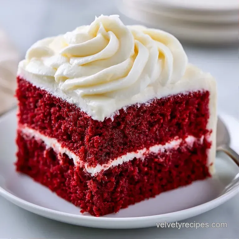 A single wedge of crimson sponge cake topped with smooth white icing, plated elegantly on a minimalist ceramic dish.