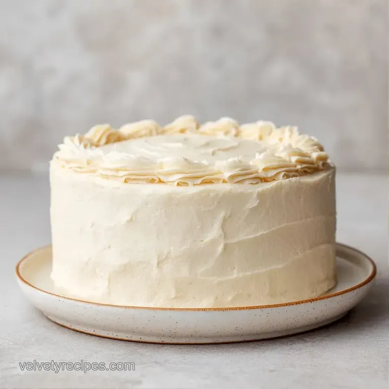 A slice of airy white cake on a white ceramic plate, topped with a swirl of silky frosting and a fresh mint leaf.